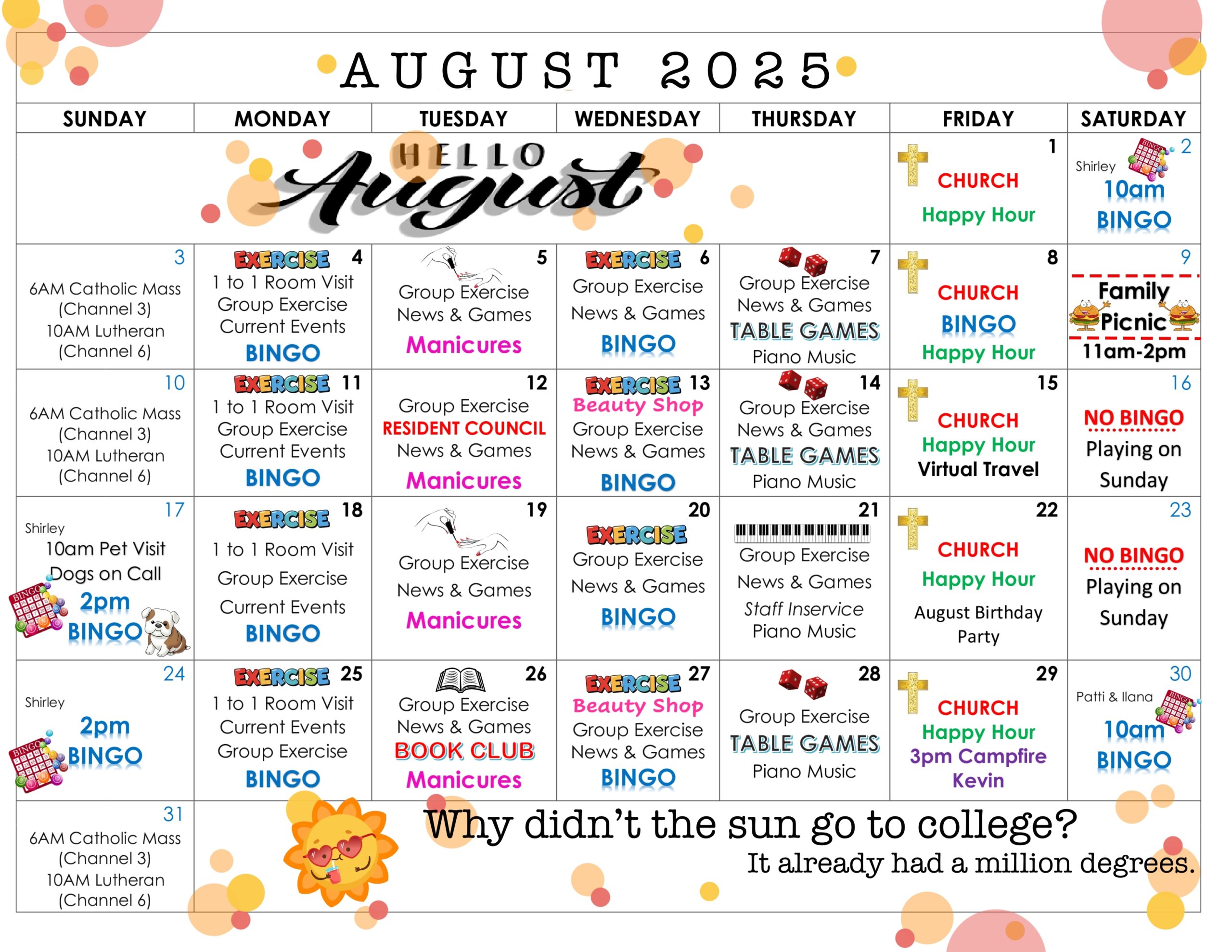 Four Winds Manor and Lodge Activity Event Calendar for August 2025