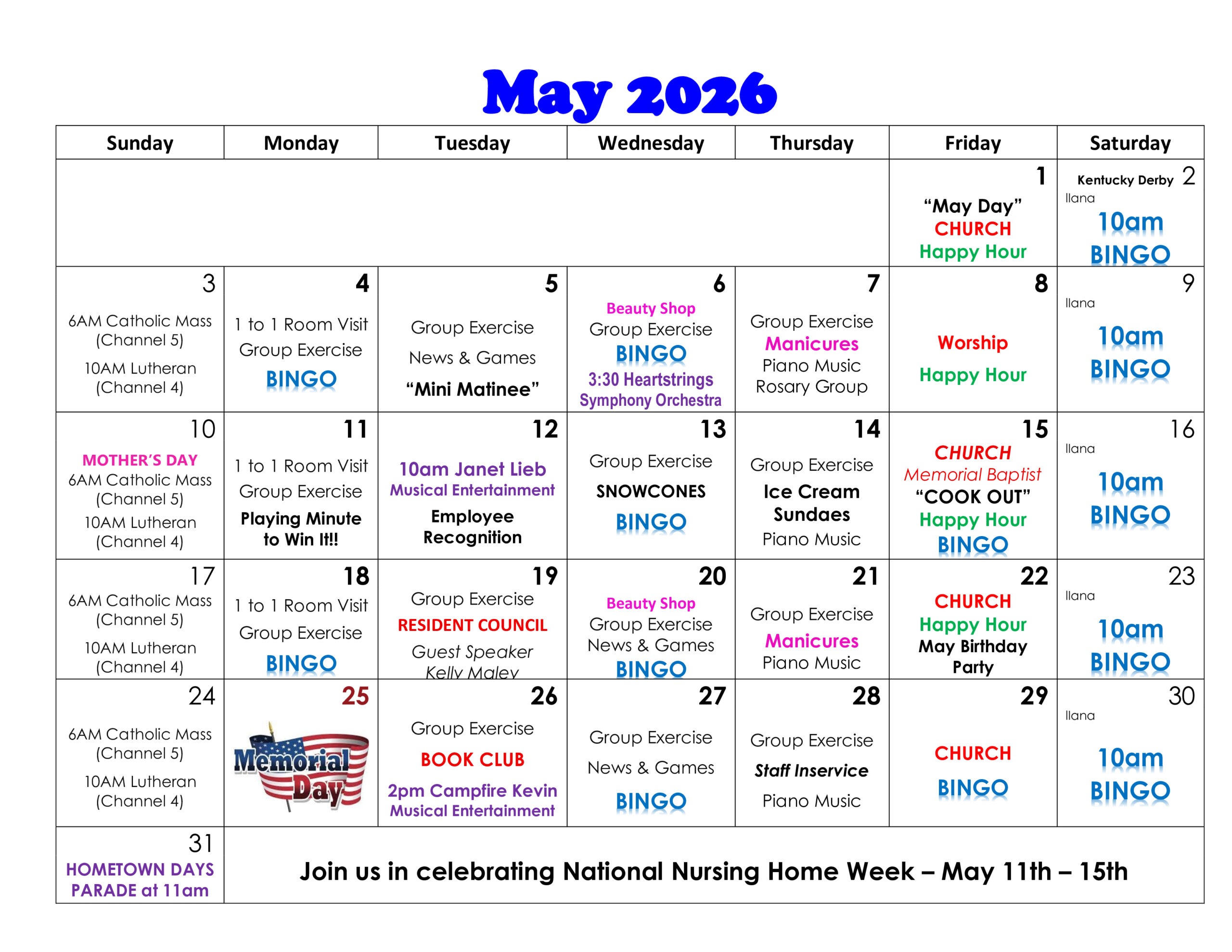 May 2026 calendar page showing daily church events (Mass, bingo, worship, groups) across a grid layout.