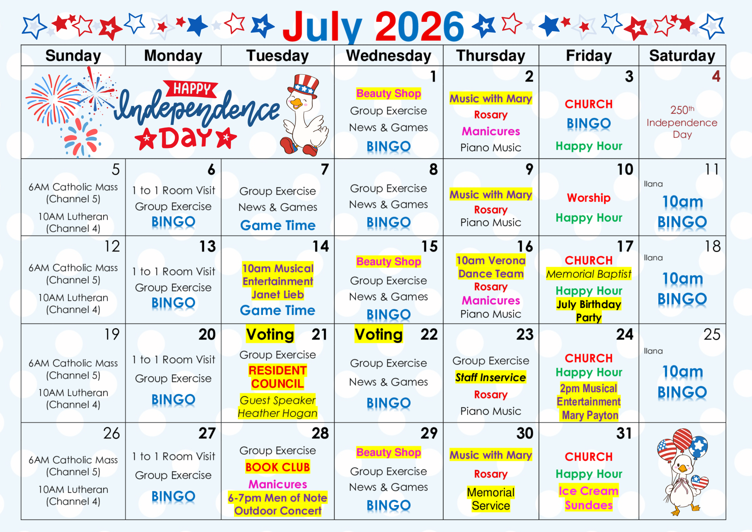 The July 2026 Activity Calendar for Four Winds Manor